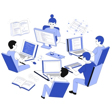 A group of students is engaged in learning to code on their computers. Each student is focused on their individual screen, displaying lines of code and various programming interfaces. Scattered around them are notes filled with handwritten annotations, alongside open programming books featuring complex diagrams and code examples. The students are sitting at a long table, with some leaning in to discuss ideas while others are typing. The atmosphere appears busy and studious, with an array of tech gadgets like keyboards and mice visible on the table.