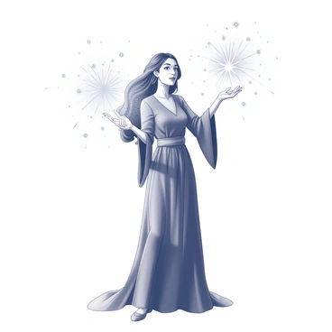 A sorcière stands confidently, her arms raised as she casts a spell. Her long hair flows gracefully around her, and her attire is detailed with intricate patterns. Surrounding her hands are numerous sparks, created by the magic she is conjuring. The sparks radiate outward in various directions, creating a dynamic visual effect around her. The expression on her face displays focus and determination as she channels her energy into the spell she is casting.