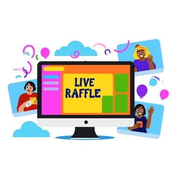 A computer screen is displaying a live virtual raffle event. The screen shows colorful graphics and a large text banner that reads "Live Raffle Event" in bold letters. Surrounding the screen are excited participants visible in video windows, smiling and reacting enthusiastically. Some participants are holding tickets, while others are raising their hands in excitement. The background of the scene includes various decorations like balloons and streamers, adding to the festive atmosphere.