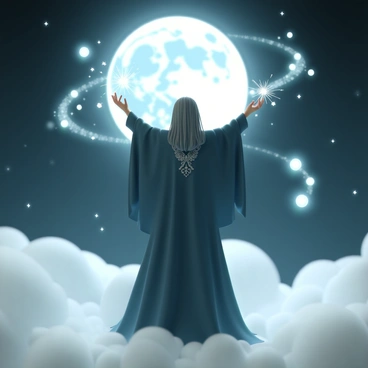 A sorceress, dressed in a flowing dark blue robe with silver embroidery, stands confidently as she casts a spell. Her long hair cascades down her back, glinting in the moonlight. She raises her arms, and sparkling energy emanates from her fingertips. The moon is full and bright in the night sky, illuminating her figure and casting shadows around her. Thick, swirling mist surrounds her, swirling in ethereal patterns and enhancing the magical atmosphere of the scene. A few glowing orbs float in the mist, adding to the enchanting effect.