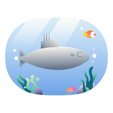A sleek, silver submarine is cruising silently beneath the ocean waves. The submarine has a streamlined shape, designed for efficient movement through water. Surrounding it are various shades of blue, representing the depths of the ocean, with light filtering down from the surface. Small fish in vibrant colors swim nearby, while soft seaweed gently sways in the current. Bubbles trail behind the submarine, showing its path through the clear water. The environment feels tranquil, with a sense of exploration and the mysteries of the underwater world.