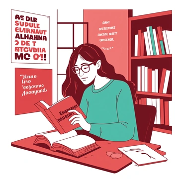 A woman with long brown hair is sitting at a wooden table in a library, deeply engaged in reading a book titled "Empowerment." She is wearing a teal sweater and has reading glasses perched on her nose. The library shelves behind her are filled with books of various colors. Surrounding her are several inspiring posters on the walls, displaying motivational quotes in bold fonts. The posters are in hues of red and white, creating a vibrant atmosphere that enhances the feeling of inspiration in the space. Soft light filters in through a nearby window, adding warmth to the scene.