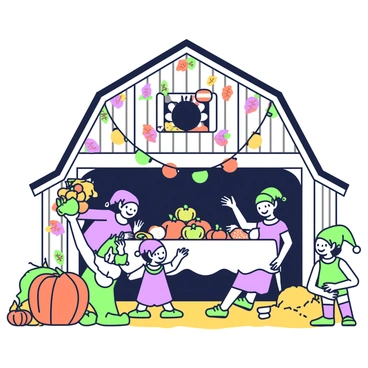 A rustic barn is filled with vibrant autumn decorations. Inside, several elves are busily preparing for a harvest festival. One elf, with pointed ears and a green tunic, is stacking pumpkins of various sizes in a corner. Another elf, wearing a purple dress, is stringing colorful leaves along the barn’s wooden beams. In the center of the barn, a large table is adorned with an array of autumn fruits and baked goods, including pies and apple cider. A few elves are dancing to cheerful music, while others are laughing and sharing stories, all surrounded by hay bales and warm candlelight.