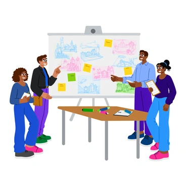 A group of four diverse individuals, including a woman with curly brown hair and a man with glasses, are standing around a large whiteboard. The whiteboard is covered with a variety of colorful sketches pinned at different heights. The sketches depict scenes of a fantasy story, featuring dragons, castles, and heroes. One person is pointing at a sketch while another is taking notes on a clipboard. The atmosphere is focused and creative, with markers and sticky notes scattered on a nearby table. Each team member is dressed casually, promoting a relaxed yet productive environment.