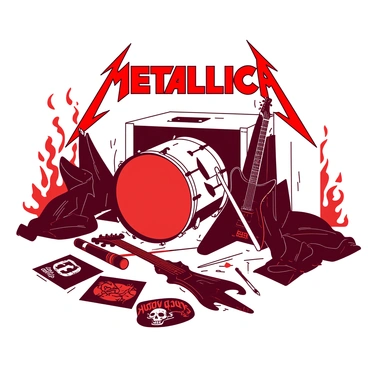 A red Metallica logo is prominently displayed in the center of the image. Surrounding the logo are various elements representing heavy metal culture. There are black electric guitars with sharp edges and intricate designs leaning against a white amplifier. A pair of drumsticks are crossed in front of a white drum set, which features a large red bass drum with a skull graphic. Scattered around are several vinyl records with dark cover art, and a black leather jacket adorned with patches featuring heavy metal bands. In the background, flames in red and orange flicker, adding to the intense atmosphere of the heavy metal culture.