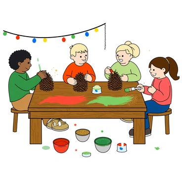A group of three kids, two boys and one girl, are sitting around a rustic wooden table. One boy has curly black hair and is focused on painting a pinecone with bright red paint. The other boy, with short blond hair, is sprinkling colorful glitter onto a freshly painted pinecone. The girl, with long brown hair tied in a ponytail, is holding a paintbrush and smiling as she adds a layer of green paint to her pinecone. There are various paint tubes of red, green, and gold scattered across the table. Small bowls filled with glitter in different colors are positioned nearby. In the background, a festive atmosphere is suggested by a string of colorful lights and a few holiday decorations hanging on the wall.