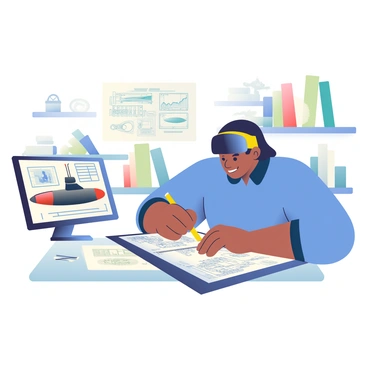An engineer with medium skin and short black hair is seated at a drafting table, focused on the design of a high-tech submarine model. She is wearing a blue shirt and safety goggles, with a pencil in her right hand and a measuring tool in her left. The drafting table is cluttered with sheets of design blueprints featuring intricate details of the submarine's hull and technology. To her left, there is a computer displaying a 3D model of the submarine, with graphs and technical specifications visible on the screen. The background contains shelves filled with engineering books and model submarine prototypes.