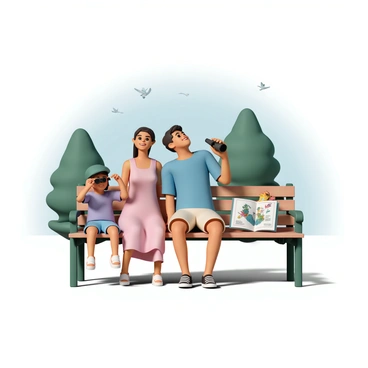 A family of four is seated on a wooden park bench. The father, wearing a blue t-shirt and khaki shorts, is holding a pair of binoculars to his eyes, looking up into the trees. The mother, dressed in a pink sundress, smiles as she points towards something in the distance. A young boy, wearing a green cap, is excitedly adjusting his binoculars, while a little girl, wearing a purple t-shirt and denim shorts, is sitting beside him, looking at a illustrated bird guidebook. The background features lush green trees and a clear blue sky, with birds visible flying above.