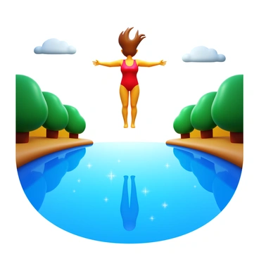 A person in mid-air, arms outstretched, is free-falling towards a clear blue body of water. The individual is wearing a bright red swimsuit, and their hair is flowing upwards as they descend. Sunlight reflects off the water's surface, creating sparkling highlights. The surrounding scenery includes lush green trees lining the water's edge, and the sky is bright with a few fluffy white clouds. The scene captures a moment of exhilaration and adventure.