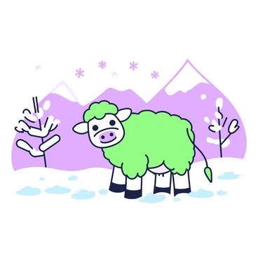 A fluffy cow is standing in a snowy landscape. The cow has a thick, fluffy coat and large, expressive eyes. Surrounding the cow, the ground is covered in a thick layer of snow, creating a soft white blanket. Snowflakes are gently falling from the sky, adding to the serene atmosphere. In the background, there are distant hills softly outlined against the sky, and a few sparse trees are visible, their branches dusted with snow. The scene captures the peacefulness of winter.