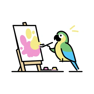 A parrot with vibrant green and blue feathers is perched on a wooden easel. The parrot is holding a paintbrush in its beak, applying strokes of bright red and yellow paint onto a canvas. The canvas displays a vivid abstract design splashed with various colors. The easel stands on a simple surface, and there is a palette with different paint colors next to the easel.