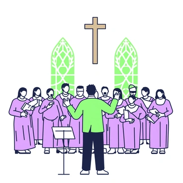 A choir is practicing hymns in a spacious church hall with high ceilings. The conductor, standing at the front, is directing the choir with expressive hand movements. The choir members are arranged in rows, all wearing matching outfits. Some members are holding sheet music, while others sing passionately with their mouths open. The church hall features tall stained-glass windows that reach towards the ceiling, allowing light to filter in. A large wooden cross is mounted above the choir, and the echo of their voices fills the atmosphere.