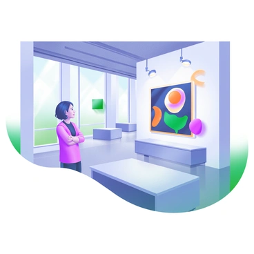 A modern pastel illustration depicting a visitor standing in a spacious art museum, gazing thoughtfully at a large piece of abstract art on the wall. The visitor is a middle-aged woman with short, dark hair, dressed in a stylish, casual outfit. The abstract artwork is a vibrant mix of bold colors and swirling shapes. Surrounding the visitor are sleek, minimalist museum benches and spotlights highlighting different artworks on the walls. There is a polished concrete floor reflecting the light from large windows, which let in natural sunlight, creating a bright atmosphere.