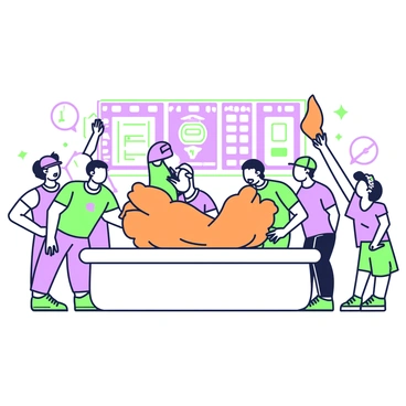 A lively contest scene featuring giant chicken wings displayed on a large table. Excited participants of diverse backgrounds are standing around the table, with some reaching out to grab the oversized wings. One participant, wearing a bright t-shirt and a cap, is laughing while holding up a wing for everyone to see. Another participant, adorned with a colorful bandana, is enthusiastically pointing towards a scoreboard in the background. The atmosphere is filled with energy, and spectators are cheering from the sidelines, adding to the excitement of the event.