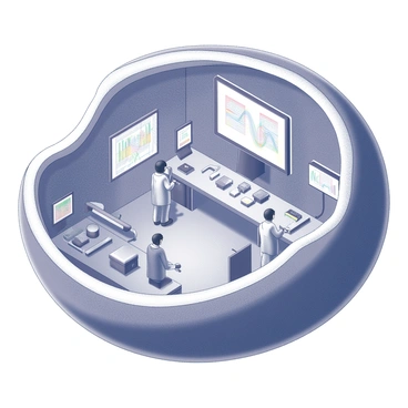 A control room with various high-tech equipment and screens displaying complex data is situated inside a large cell nucleus. The walls of the room are composed of intricate structures resembling chromatin. In the center, a large monitor shows a visual representation of RNA synthesis, with highlighted segments indicating active transcription processes. Several researchers, depicted as stylized figures, are engaged in analyzing the data and adjusting the equipment. Cables and wires connect different machines, creating a network of technological interfaces. The atmosphere conveys a sense of focus and activity as the team oversees the intricate process of RNA synthesis.
