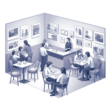 A cozy café interior filled with patrons enjoying their drinks. The walls are adorned with various artworks created by local artists, showcasing a range of styles and subjects. Some pieces are framed neatly, while others are simply hung with clips or strings. A small group of artists stands beside their work, engaging in conversation with visitors, while others are seen sketching or discussing their pieces. Tables are scattered throughout the space, occupied by individuals and small groups, creating a lively atmosphere. A barista stands behind the counter, preparing drinks and interacting with customers. The overall scene captures the vibrant and communal spirit of the art show.