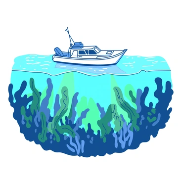 A small boat is gently floating on the surface of clear water, with vibrant reflections shimmering on its hull. Below the boat, a lush kelp forest thrives, with tall, green kelp plants swaying gracefully with the movement of the water. Sunlight filters through the water, illuminating the kelp forest and revealing its intricate details. The scene captures the tranquil beauty of the underwater ecosystem, showcasing the rich textures and colors of the kelp swaying beneath the boat.
