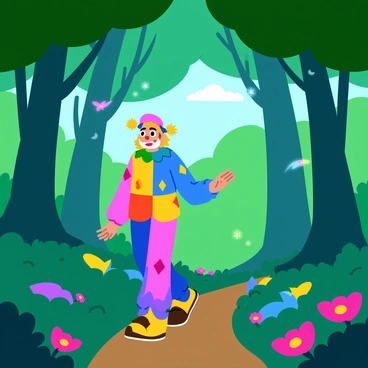 An arlequin dressed in a colorful, patchwork costume with diamond patterns is wandering through a dense enchanted forest. The forest features tall, twisted trees with vibrant green leaves and thick trunks. Various glowing creatures can be seen among the foliage; one is a small, luminescent butterfly fluttering nearby, while others resemble glowing orbs floating gently in the air. Soft light filters through the tree branches, illuminating the path as the arlequin curiously looks around, captivated by the magical surroundings. Wildflowers in a variety of colors bloom at the base of the trees, adding to the enchanting atmosphere.