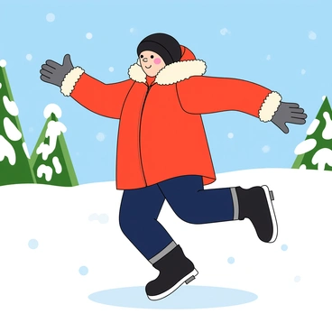 A person performing jumping jacks in the snow, wearing a bright red parka jacket with a hood and fluffy white fur trim. They have on navy blue thermal pants and thick gray gloves. Their feet are clad in sturdy black winter boots with white soles. The person's cheeks are rosy from the cold, and they wear a black beanie that fits snugly on their head. Snowflakes are falling gently around them, accumulating on the ground, creating a soft white blanket. In the background, there are snow-covered trees and a clear blue sky overhead.