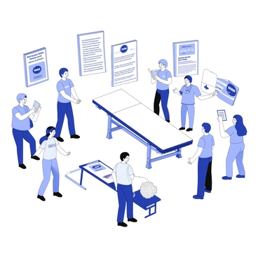 NHS staff are setting up a blood donation drive in a spacious community hall. They are arranging tables with banners that read "Blood Donation Drive" and "Save Lives". Cheerful volunteers are engaged with visitors, handing out informational leaflets and providing guidance. Some volunteers are wearing t-shirts with the NHS logo, while others are wearing badges that display their roles. A donation bed is positioned in the center, with medical staff preparing equipment for the blood collection. In the background, there are supportive posters encouraging donations and sharing facts about the impact of blood donation. People are smiling and chatting, creating an inviting atmosphere.