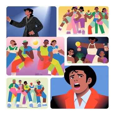 A collage displays multiple scenes from various Michael Jackson music videos. In one section, there is a scene of Michael Jackson wearing a sparkling black jacket and a fedora, performing a dance move with a spotlight illuminating him. Another section features dancers in colorful outfits performing synchronized choreography, showcasing their energy and enthusiasm. In a different part of the collage, there is a close-up of Michael's face as he expresses intense emotion while singing. The background consists of vibrant colors and abstract shapes that add to the dynamic feel of the collage.