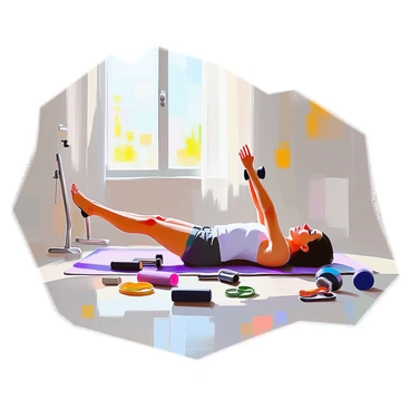 A person with a medium build, wearing a fitted workout shirt and shorts, is lying on a yoga mat, performing the "dead bug" exercise. They have small weights attached to their limbs, enhancing the intensity of their workout. Their face shows concentration as they engage the core. The home setup is unique, featuring a sturdy exercise rack with hooks for additional weights. Various fitness equipment, such as resistance bands and a foam roller, is scattered around the mat, creating an organized workout space. A large window in the background allows natural light to illuminate the scene.