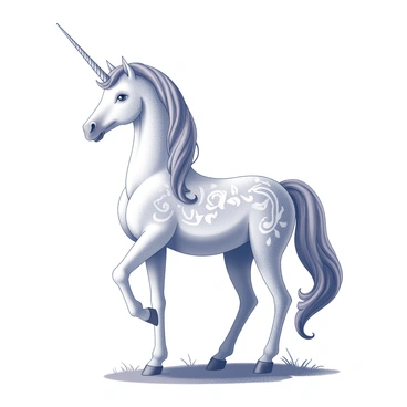 A unicorn standing majestically in profile. It has a long, spiraling horn and flowing mane that cascades down its neck. The body is adorned with intricate swirling patterns and elegant designs that accentuate its graceful form. The unicorn stands on a patch of grass, with its hooves delicately planted on the ground.