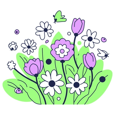 A blooming garden filled with various flowers is shown in the center of the image. Brightly colored flowers emerge in a variety of shapes and sizes, including tulips, daisies, and roses. Butterflies are fluttering around, showcasing their delicate wings as they land on the flowers. In the background, there are lush green leaves that frame the scene, enhancing the garden's vibrant atmosphere. A few small ladybugs can be seen crawling on the leaves, adding to the lively depiction of the garden.