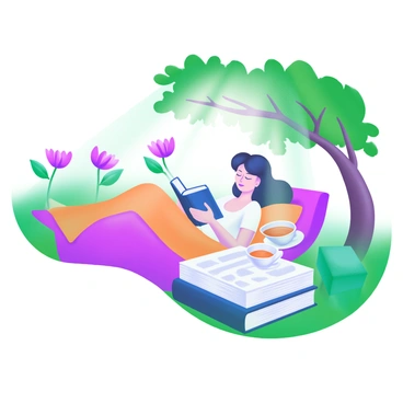 A person lounging on a comfortable blanket in a lush garden filled with vibrant flowers and greenery. They are focused on reading a book, which is held in one hand. Nearby, an organized stack of office papers is neatly placed on the grass, partially shaded by a small tree. The sun filters through the leaves, creating dappled patterns of light on the ground, enhancing the peaceful atmosphere of the scene. A cup of tea rests beside the books, adding to the relaxed ambiance.