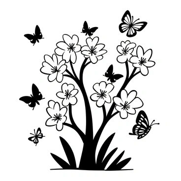 A butterfly bush with numerous flowers in full bloom, branches extending outward. Various types of butterflies of different sizes and shapes are seen fluttering around the flowers, some perched on the blossoms while others are in mid-flight. The scene is filled with energy as the butterflies showcase their unique wing patterns and formations, creating a dynamic visual around the bush.