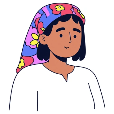 A woman with dark hair is wearing a vividly patterned headscarf featuring bold colors like red, blue, and yellow. The headscarf is wrapped elegantly around her head, showcasing intricate designs such as floral motifs and geometric shapes. She has a calm expression and is dressed in a simple white blouse, contrasting with the vibrancy of the headscarf. The background is a solid color to emphasize the headscarf's patterns.