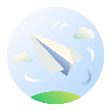 A white paper airplane is soaring smoothly through a clear blue sky. The wings are slightly tilted as it glides effortlessly, catching the light. Below, a patch of vibrant green grass is visible, and a few fluffy white clouds are scattered throughout the sky. The paper airplane casts a subtle shadow on the air currents surrounding it, emphasizing its motion.