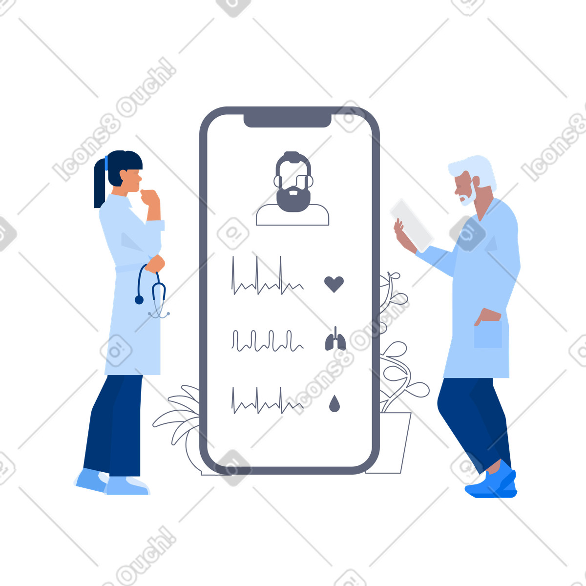 Medici che analizzano gli indicatori sanitari online illustrazione in stile Urban scarica in PNG, SVG