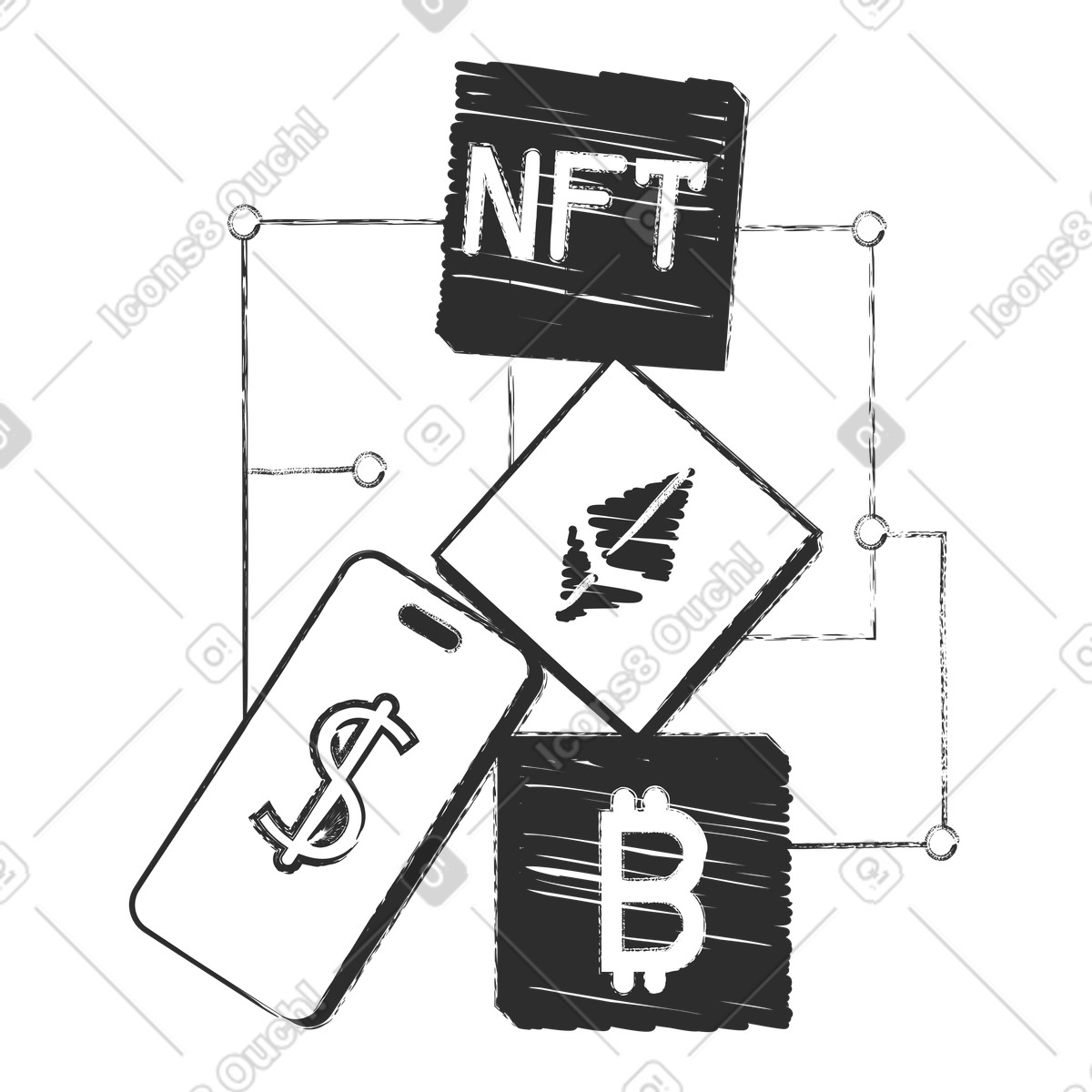 Abstract blockchain network with NFT and bitcoin, Fintech and decentralized economy illustration in PNG, SVG