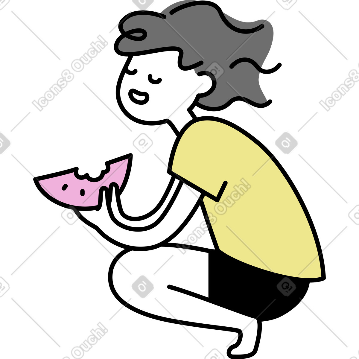 Ilustração de Jovem com uma melancia cócoras em no estilo Mochi para baixar em PNG, SVG