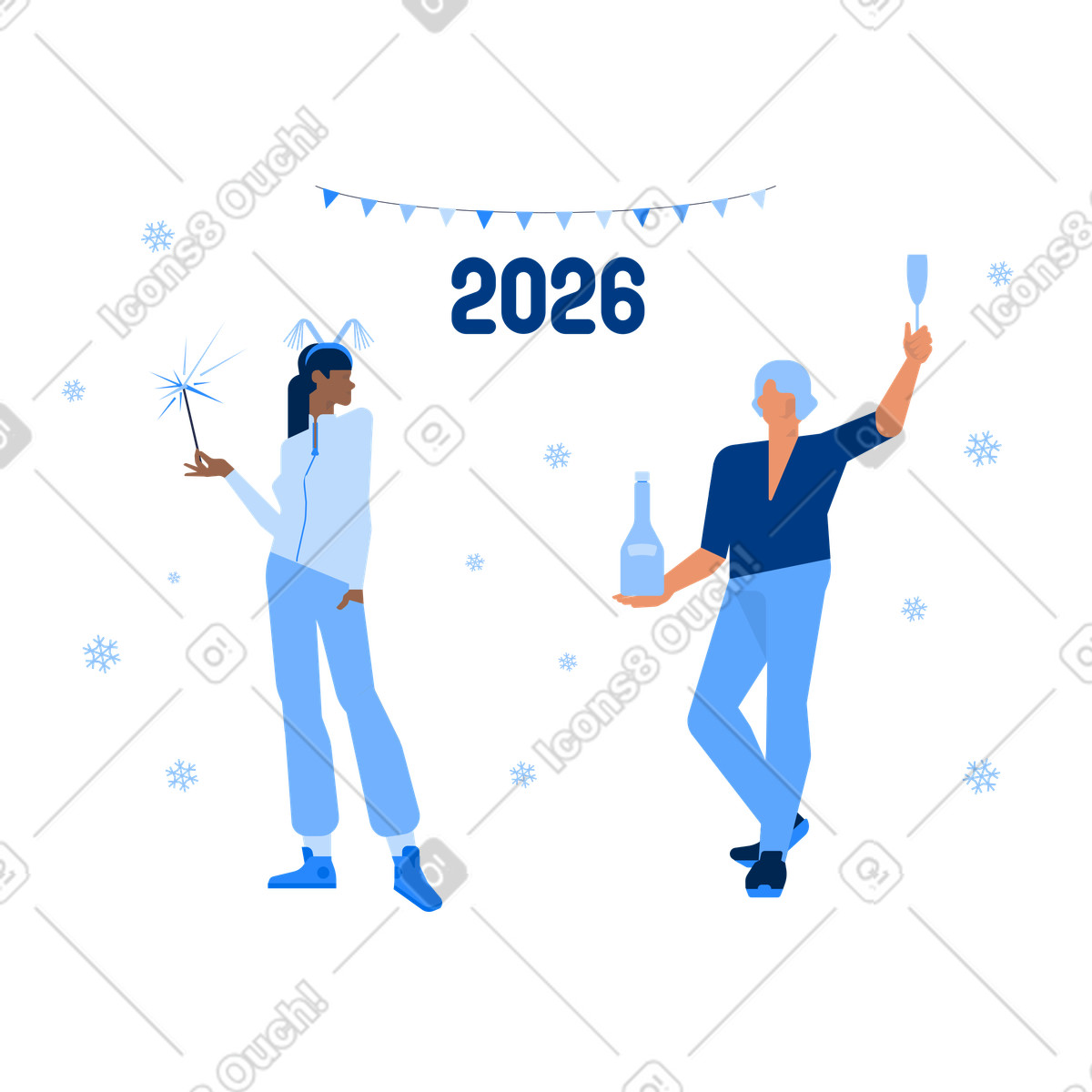 Ein paar stößt unter einem banner mit der aufschrift „2026“ an – winterfeiertagsfeier-Illustration im Urban-Stil als Download in PNG, SVG