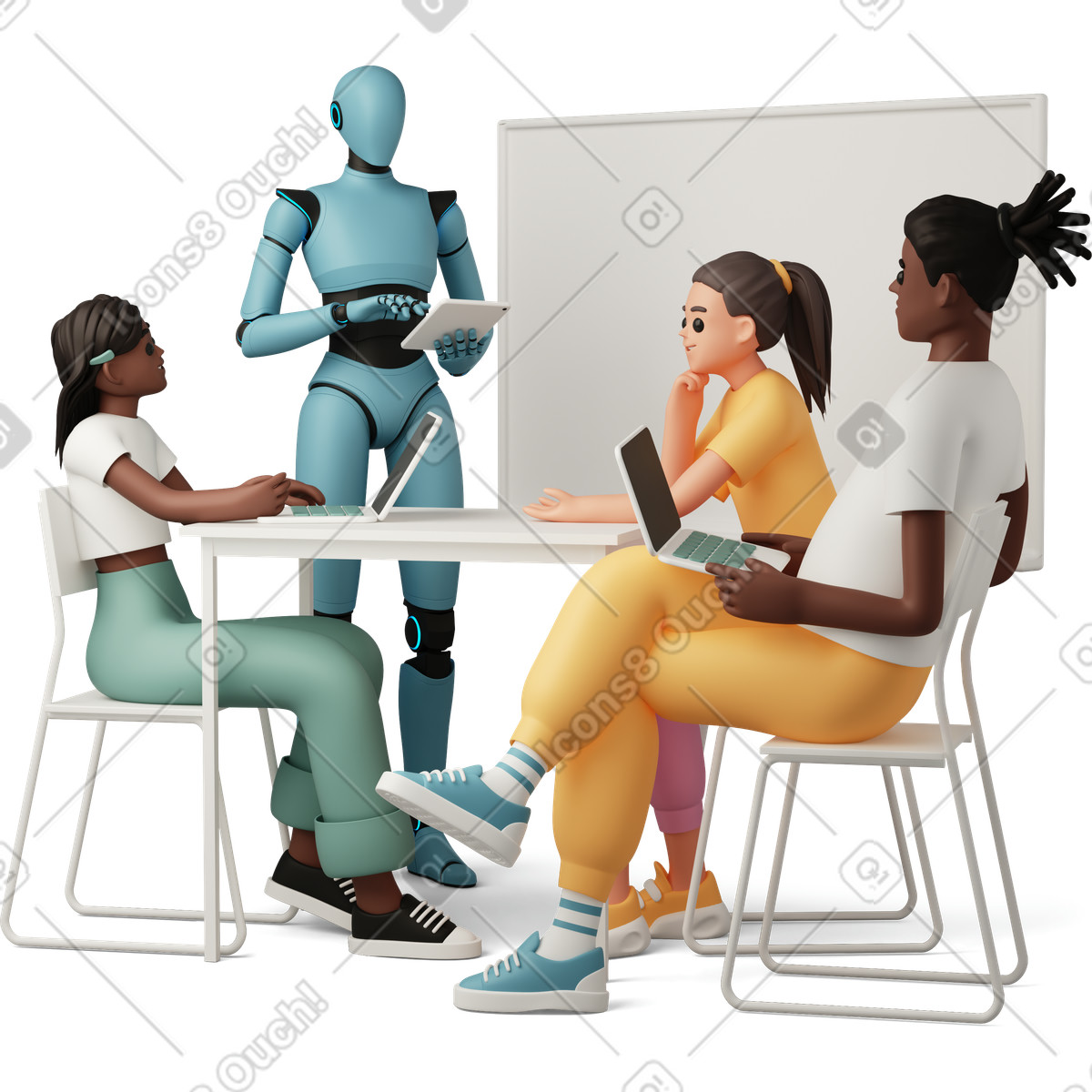 3D Casual life 스타일의 Team brainstorming with robot at table, AI collaboration and innovation 일러스트레이션 PNG, SVG 다운로드