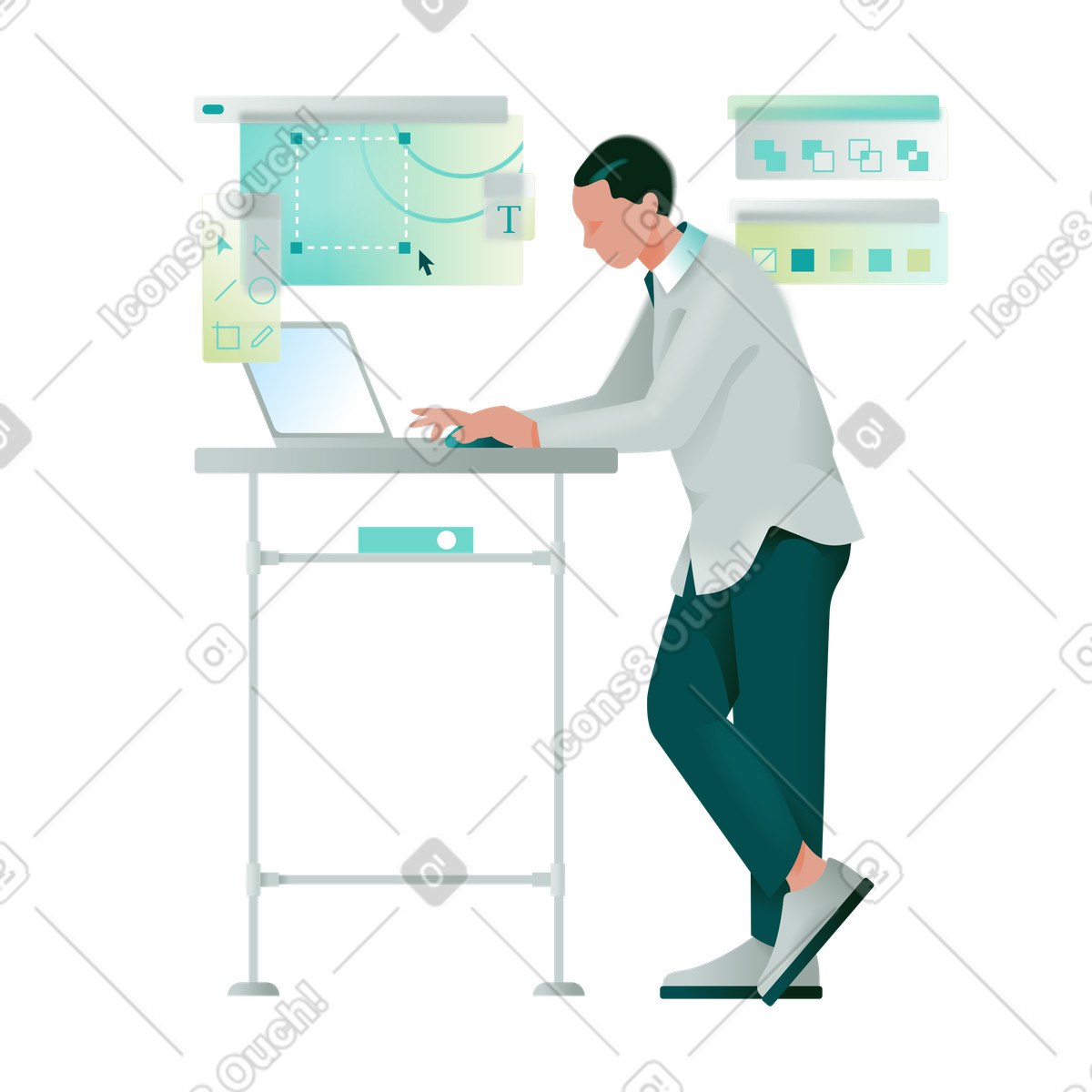 Office 스타일의 노트북에서 작업하는 그래픽 디자이너 일러스트레이션 PNG, SVG 다운로드