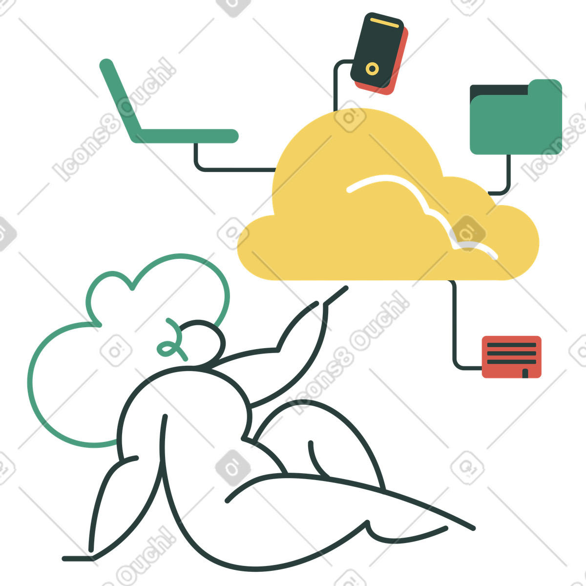 Illustration Une femme utilise le cloud pour stocker des données dans style Macaroni à télécharger aux formats PNG, SVG