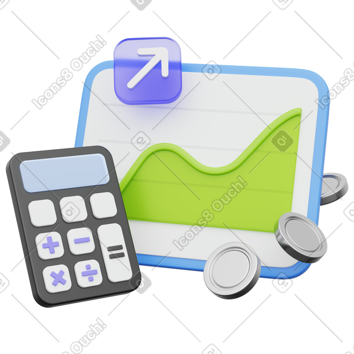 Ilustración Business analytics display, investment growth, area chart with calculator en estilo 3D Playful a descargar en PNG y SVG