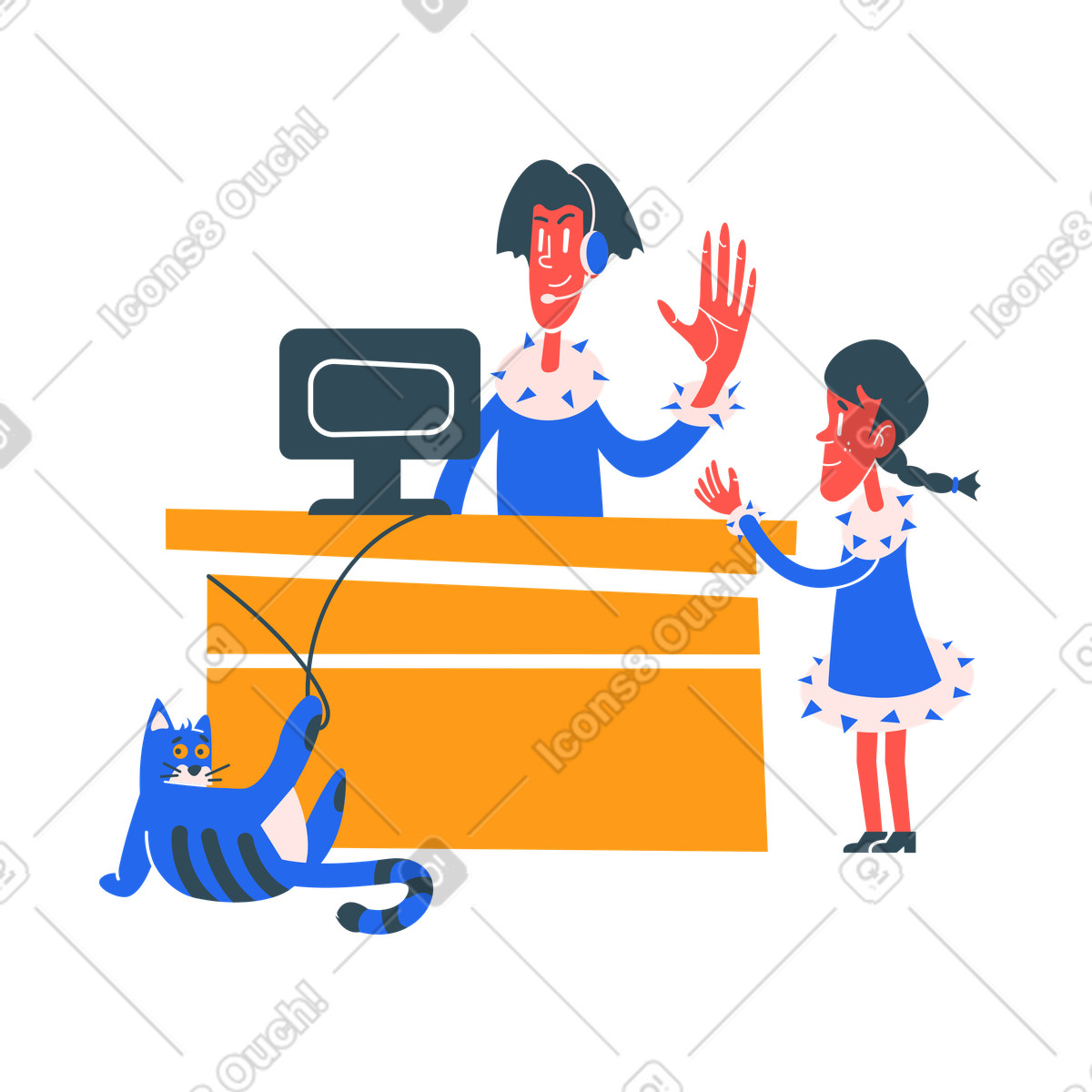 Remote worker being interrupted by playful pet and child, Work from home challenges distractions illustration in Kingdom style download in PNG, SVG