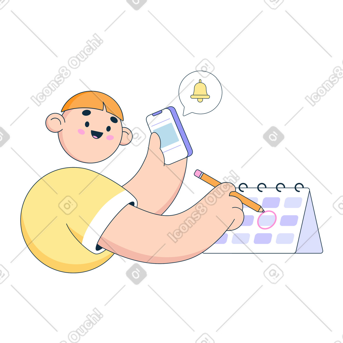 Man makes a reminder in the calendar and receives notification illustration Bubble gum style download PNG, SVG