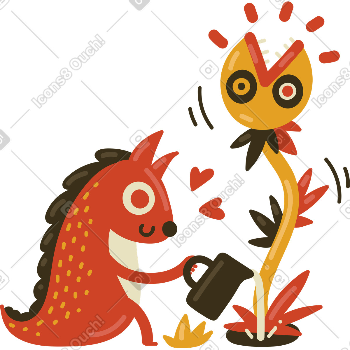 Ilustración Animal regando una planta en crecimiento. estilo Arabica a descargar PNG y SVG