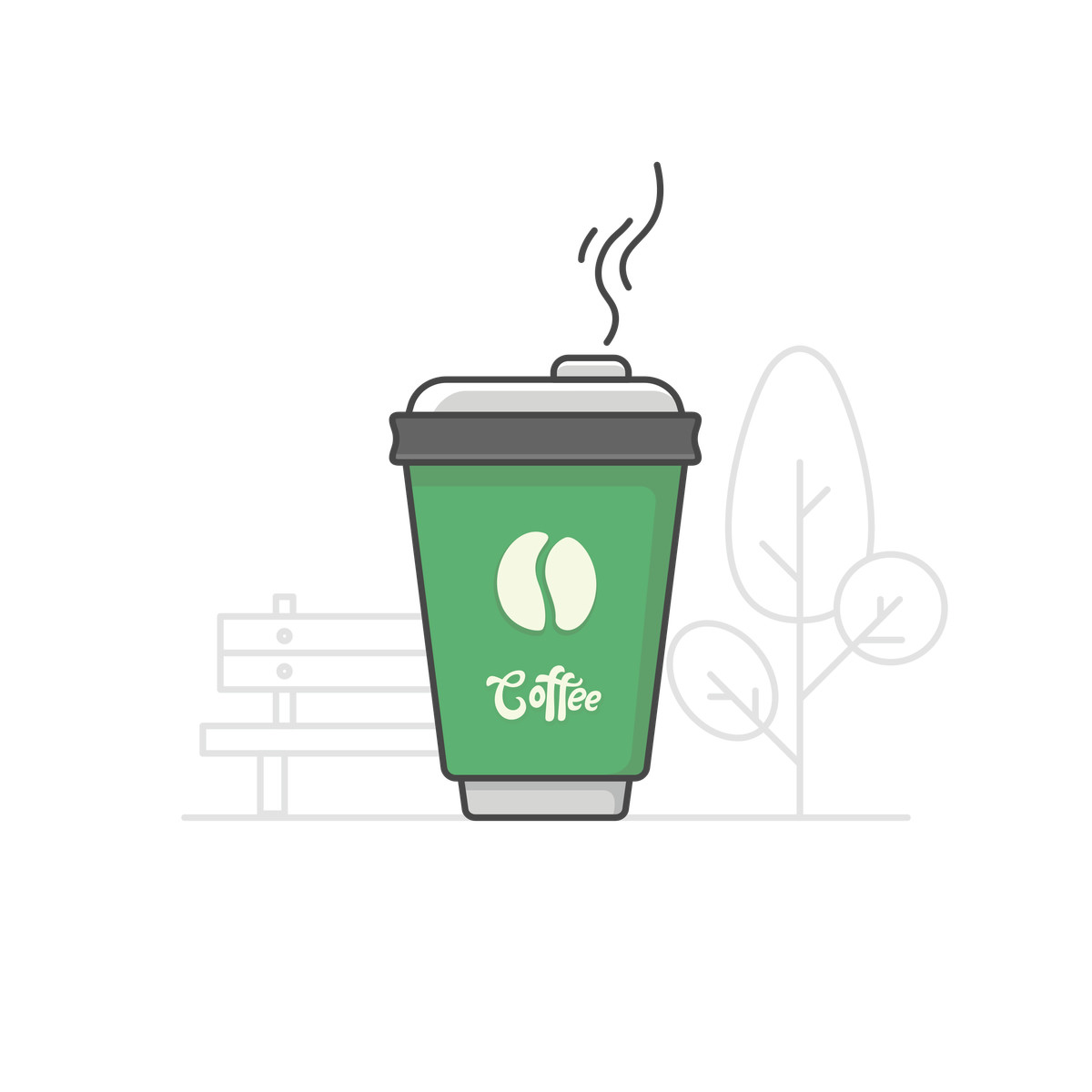 Ilustración Coffee cup with park scene, eco friendly takeaway drink, outdoor relaxation concept en estilo Gummy a descargar en PNG y SVG