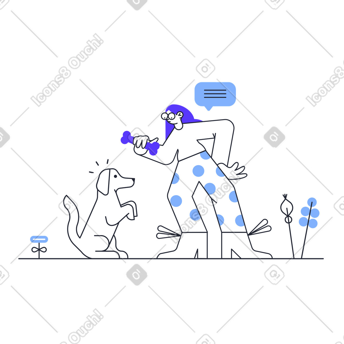 Donna che addestra il suo cane all'aperto illustrazione in stile Pablita scarica in PNG, SVG