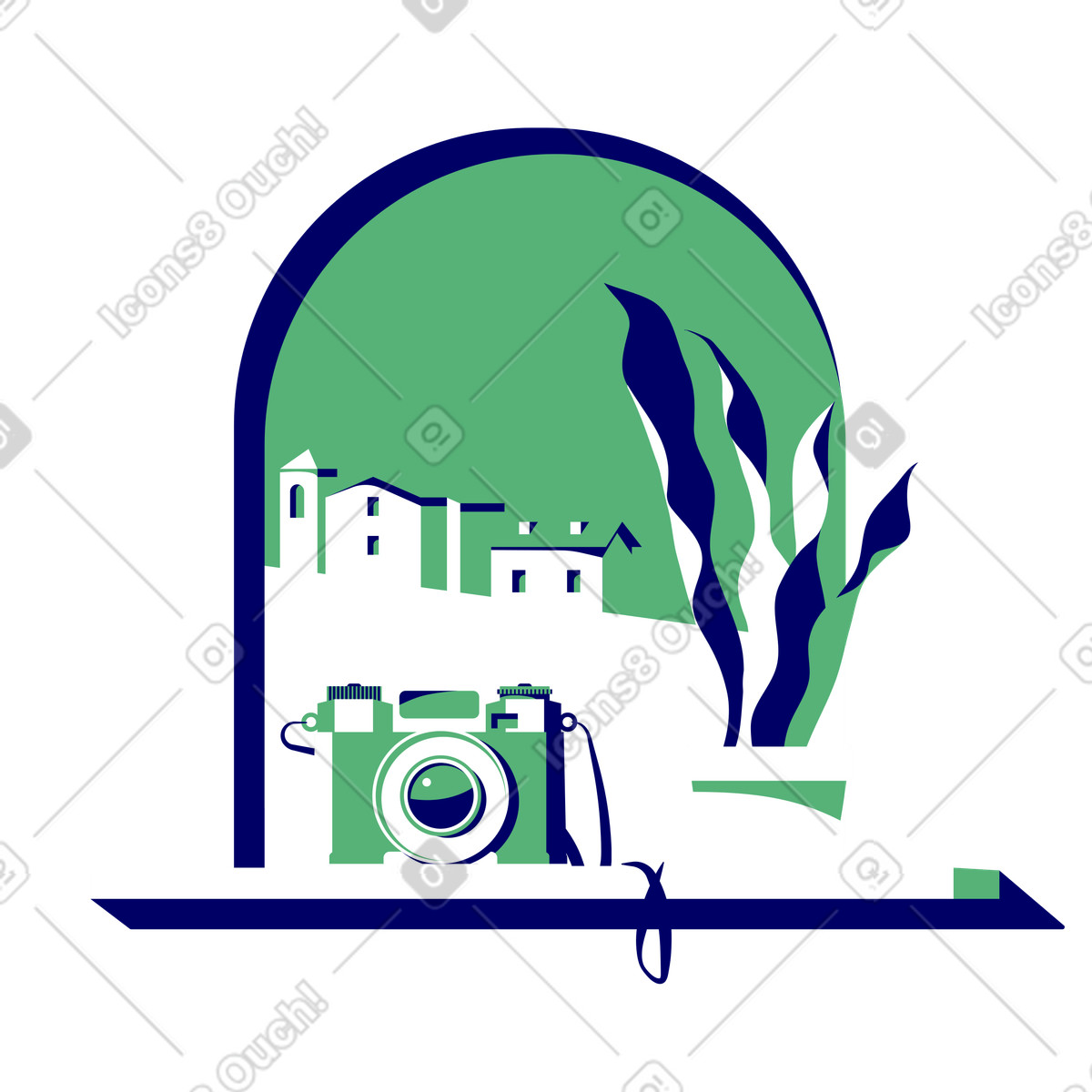 下载 Lounge 风格的 相机和窗台上的盆栽植物 插画，支持 PNG、SVG 格式