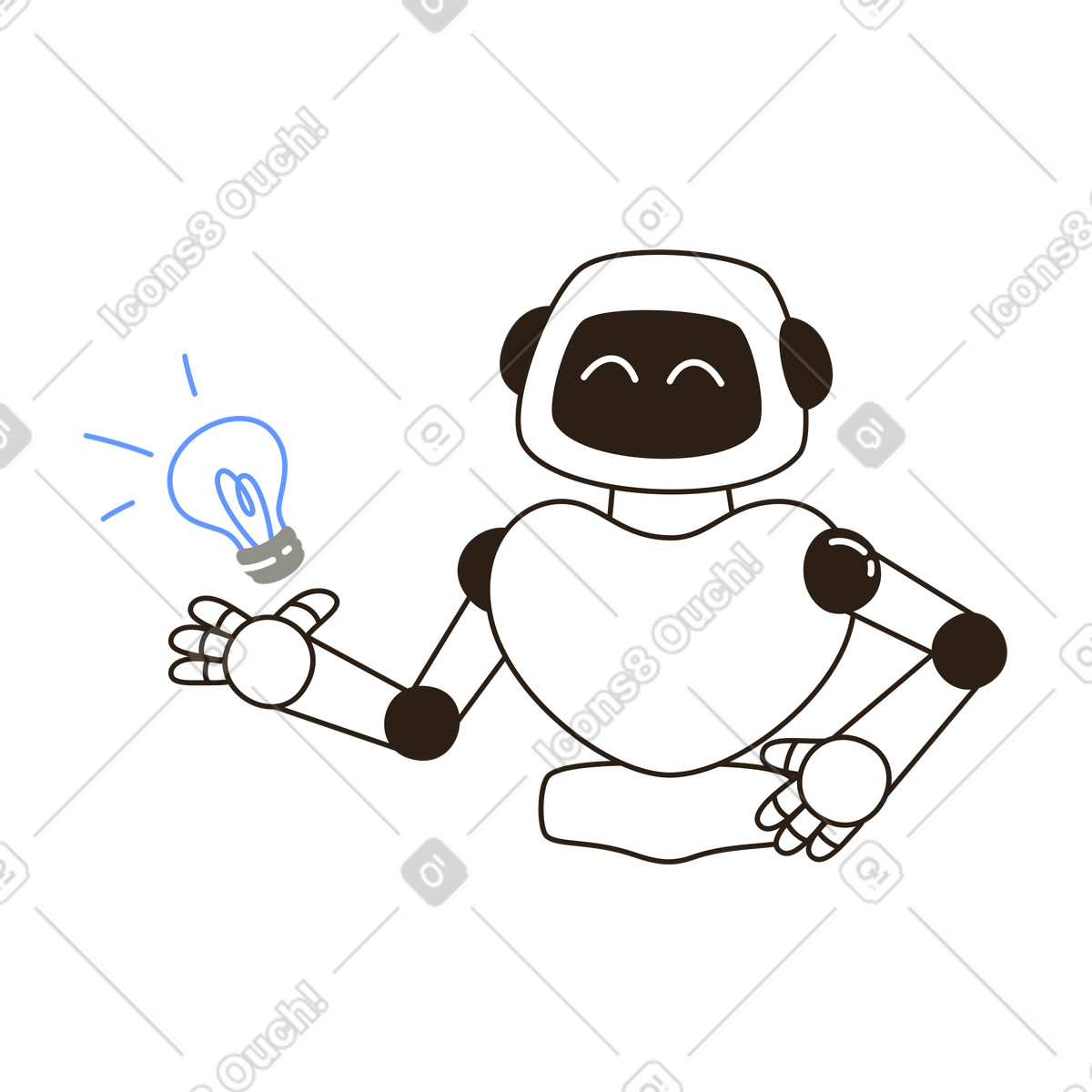 Ilustração animada de Robô sorridente segurando lâmpada incandescente, inovação e geração ideias em no estilo Plain para baixar em GIF, Lottie (JSON), AE