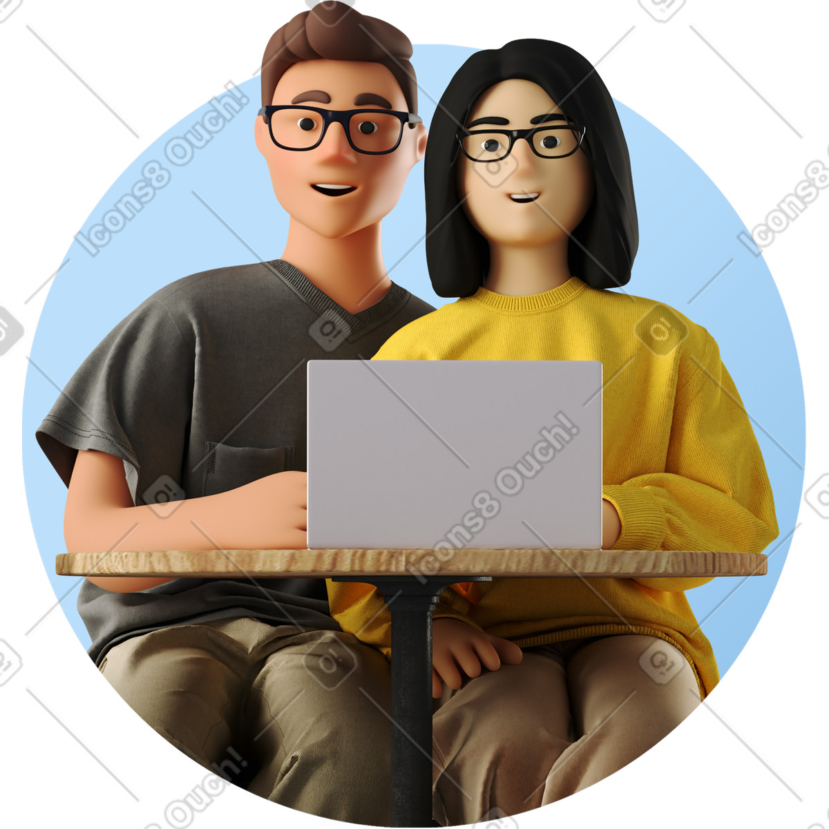Ilustração de Young woman and man sitting at a table with laptop em no estilo 3D Business para baixar em PNG, SVG