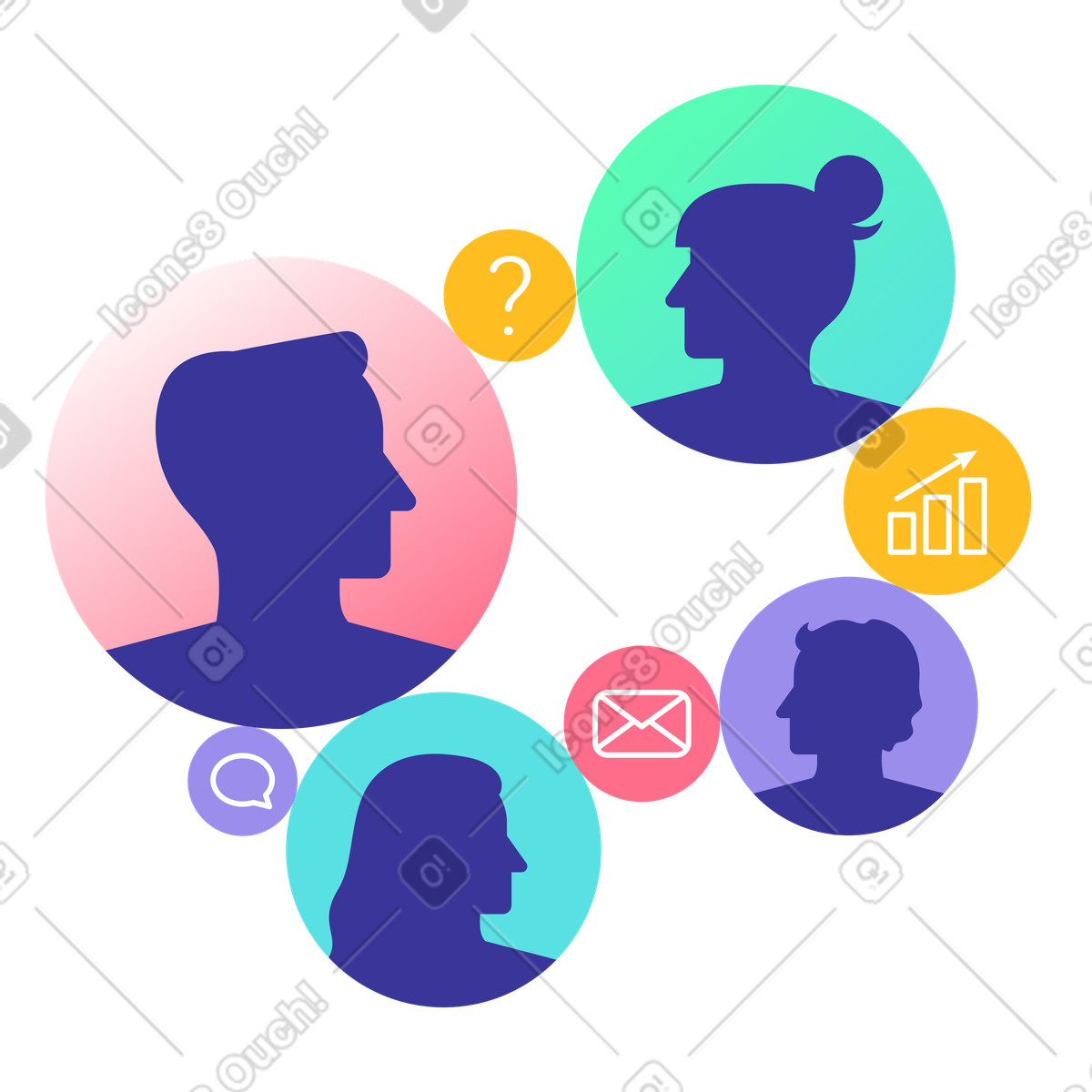 Team-avatare mit analyse- und chat-symbolen, zusammenarbeit unter kollegen geschäftskommunikation-Illustration im Bright-Stil als Download in PNG, SVG