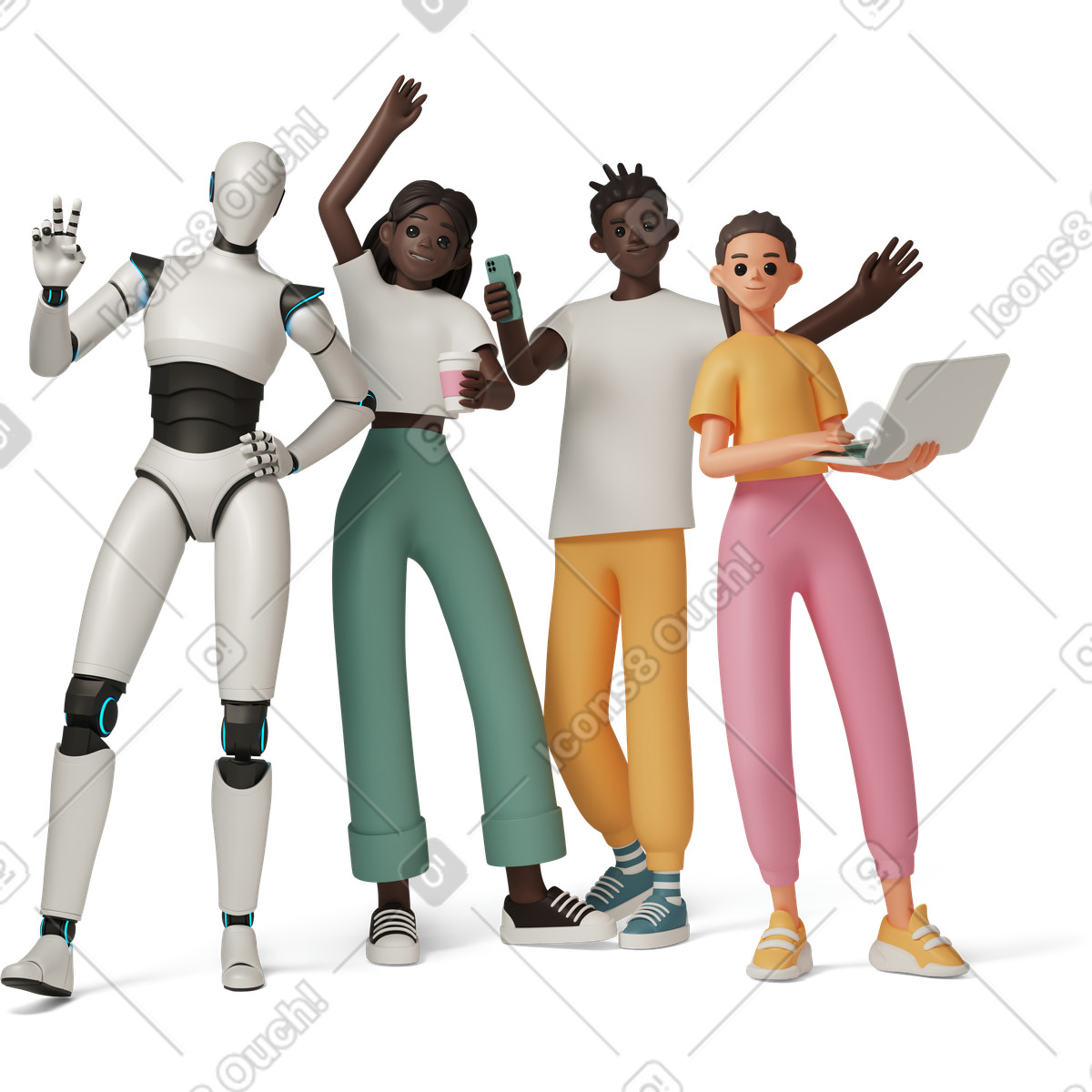 3D Casual life 스타일의 Group of young people with robot standing and smiling, Human interaction innovation 일러스트레이션 PNG, SVG 다운로드
